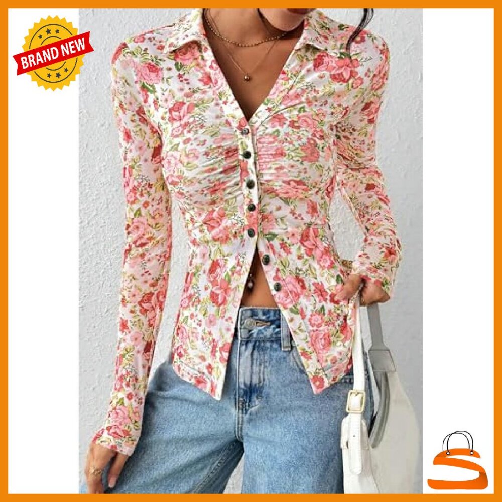 Long Sleeve Mesh Button Down Blouse V-Neck Boho Floral Top - Picture 7 of 8